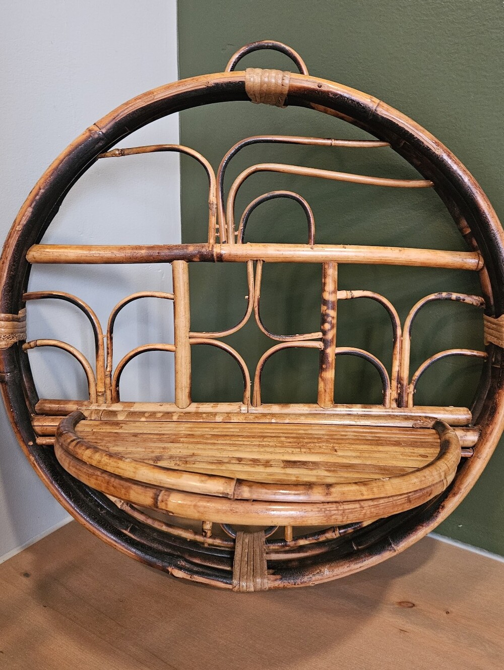 Rare Antique Chinese Tortoise Shell Bamboo, Fold-Down Circle Wall Shelf